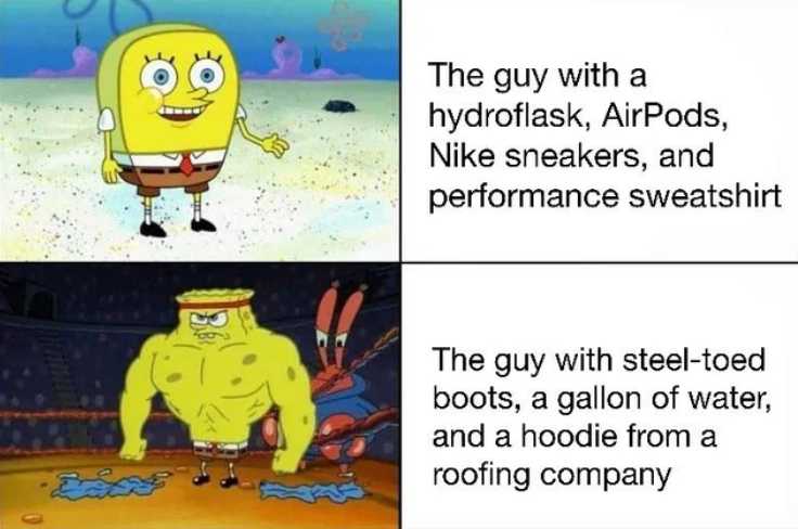 cartoon the guy with a hydroask, airpods, nike sneakers, and performance sweatshirt the guy with steel - colored boots, a gallon of water, and a hoodie from a hoodie from a roofing company