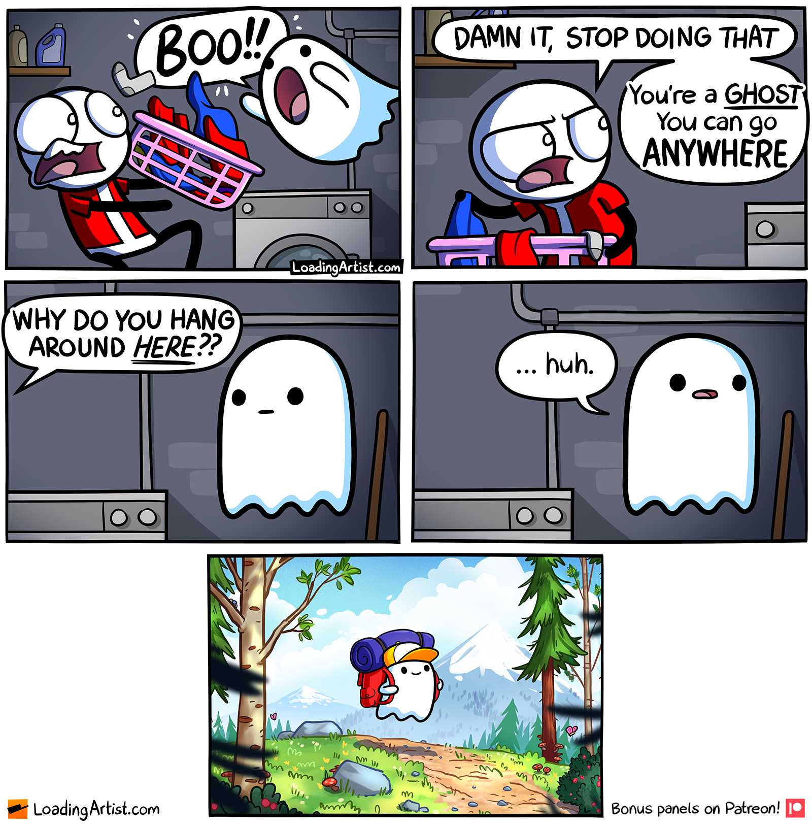 a cartoon of a comic strip with a ghost and a man playing guitar