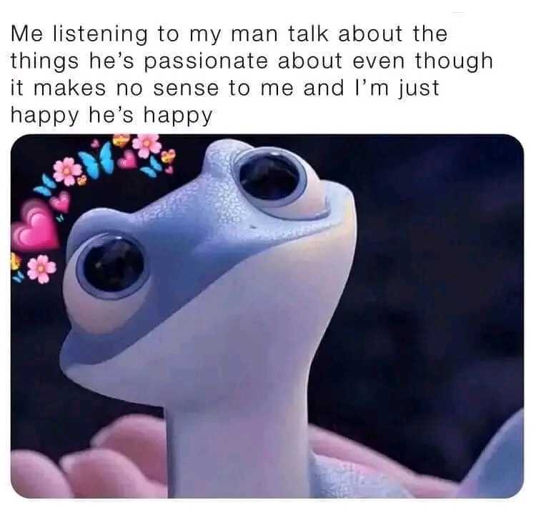 a close up of a person holding a toy frog with a caption that reads, me listening to my man talk about things passionate about thought makes sense to me and i ' m ' m ' m ' t ' m happy