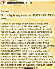 there is a message from a woman that reads god ' s sister fucking loud