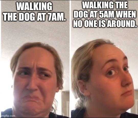 woman with a dog at 7am and walking the dog at 7am