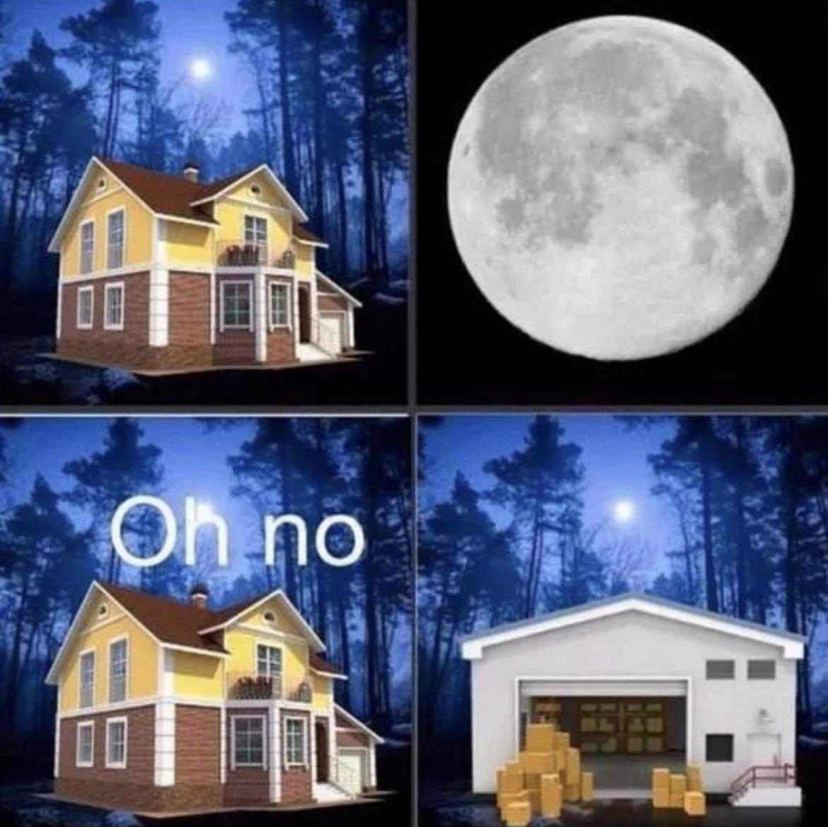 four pictures of a house with a full moon in the background