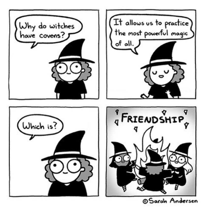 a cartoon of a comic strip with a witch and a cat