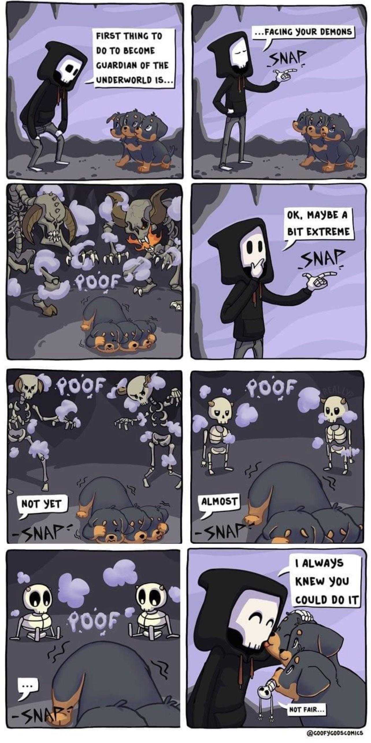 a comic strip with a cartoon of a skeleton and a cat