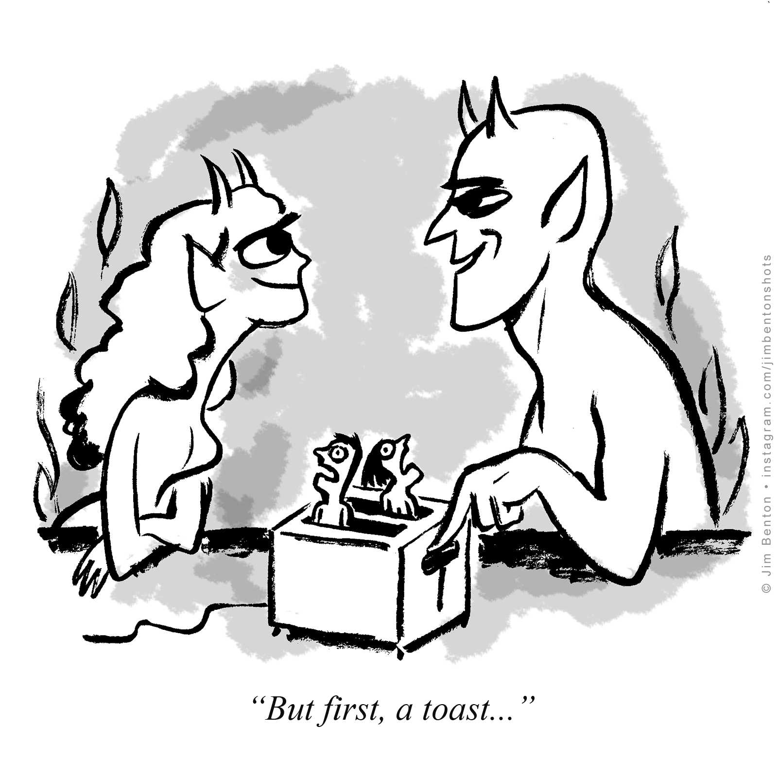 cartoon of a man and a woman sitting in a box with a dog