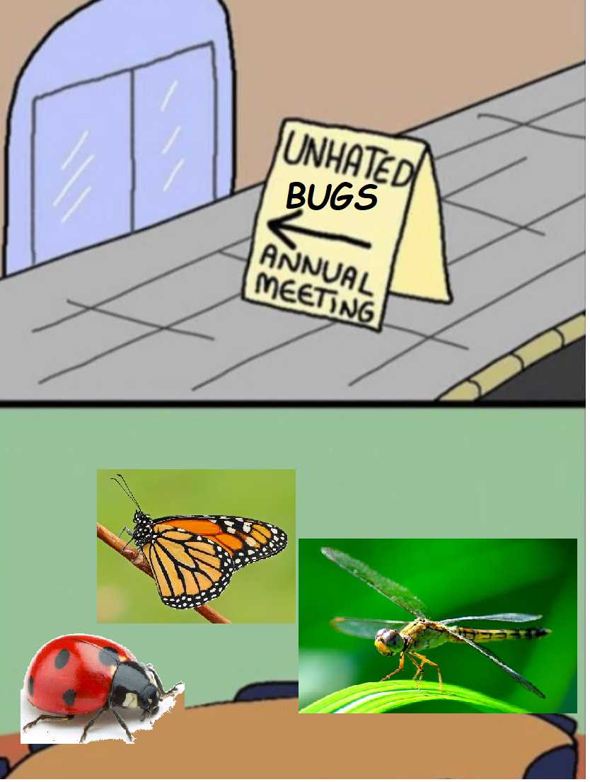 cartoon of a ladybug and a butterfly with a sign that says unheated bugs and annual meeting