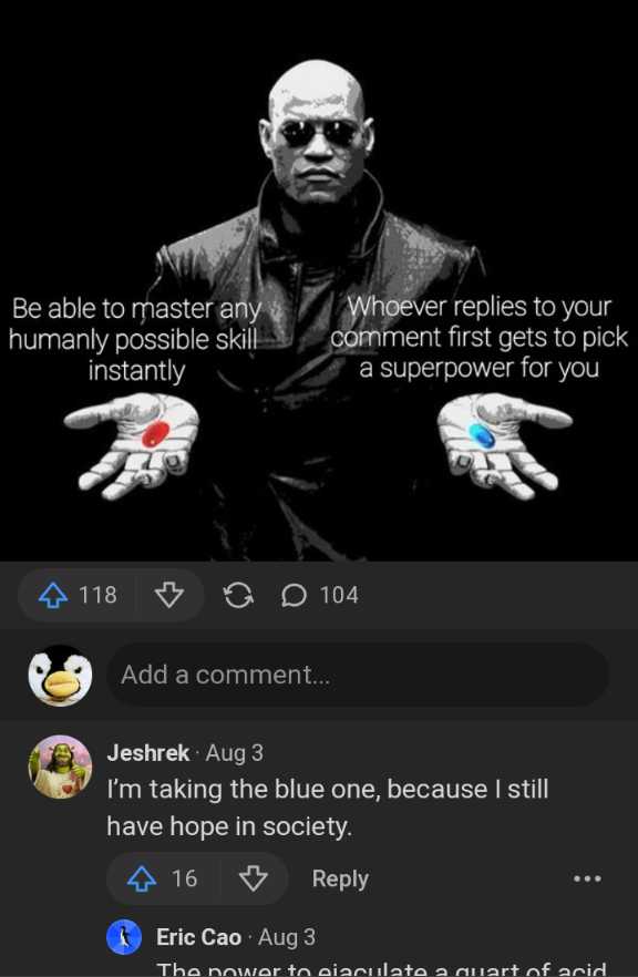 a man in a black shirt holding a blue and red pill