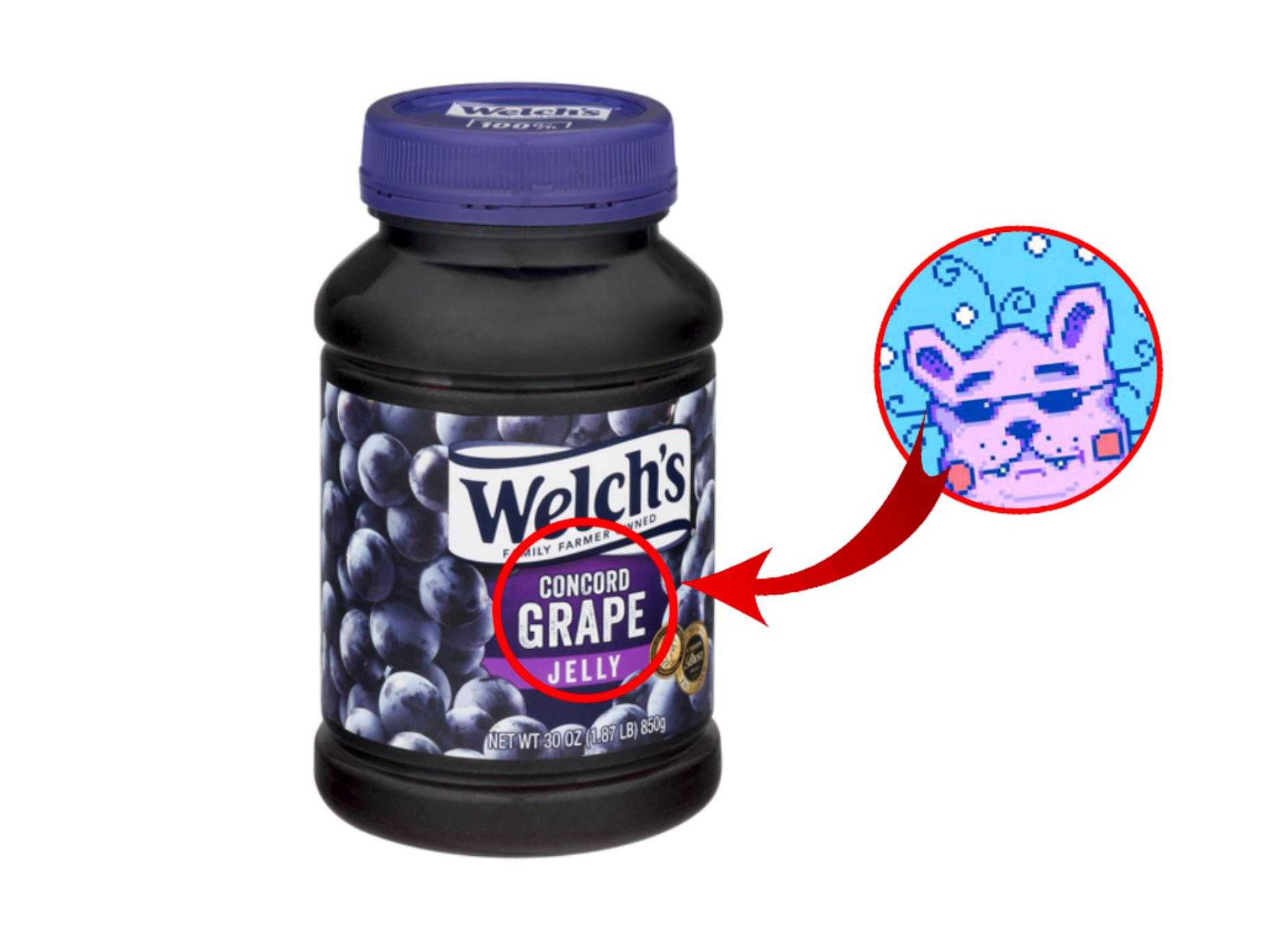 a close up of a bottle of blueberry grape juice with a cartoon character