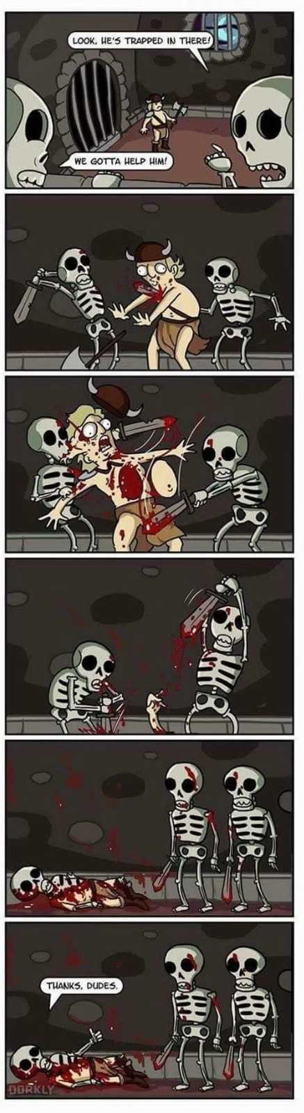 a comic strip with a cartoon of a skeleton and a skeleton