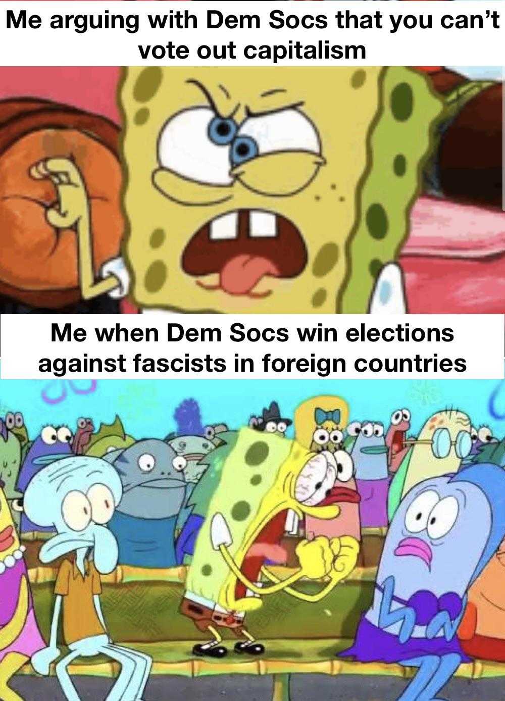 cartoon meme of a group of people with caption saying, me when dem sos win elections against