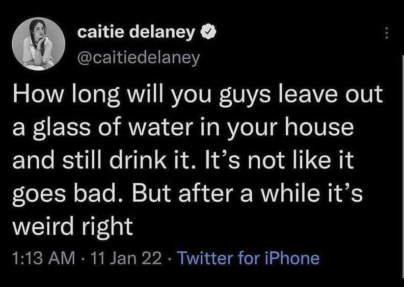 a tweet message from a woman who is drinking a glass of water