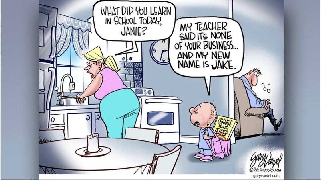 cartoon of a woman and a baby in a kitchen with a sign saying what you should learn in school today