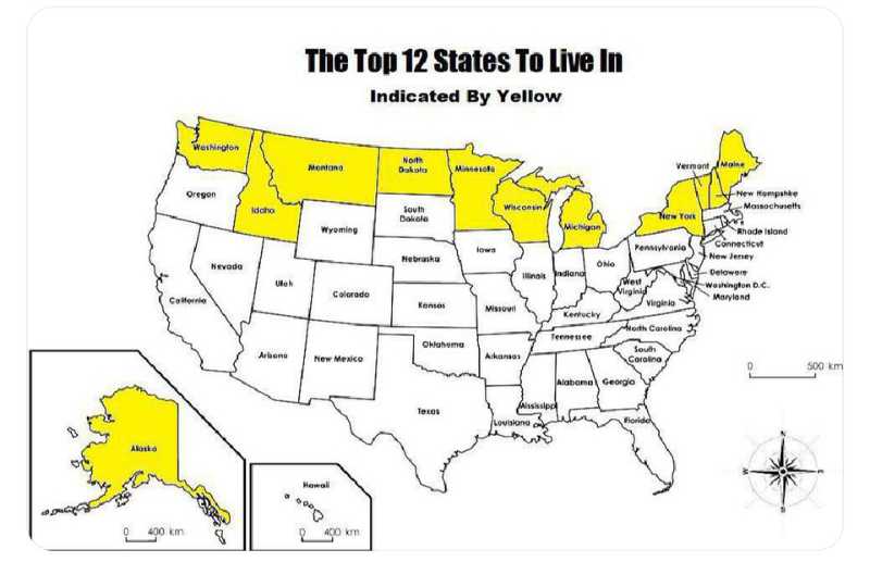 a map of the united states with states labeled in yellow