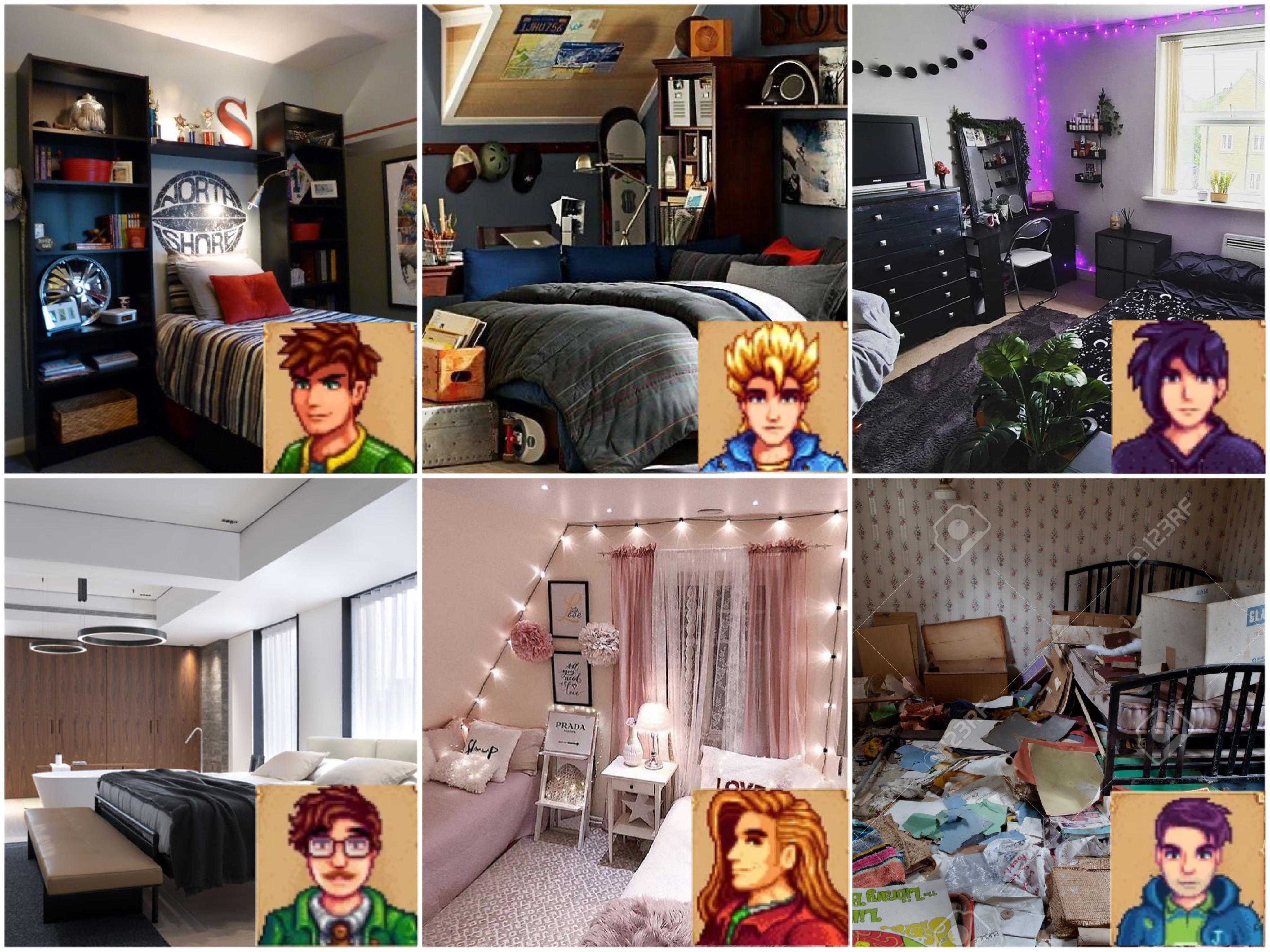 collage of a bedroom with a bed, a couch, a chair, a desk, and a tv