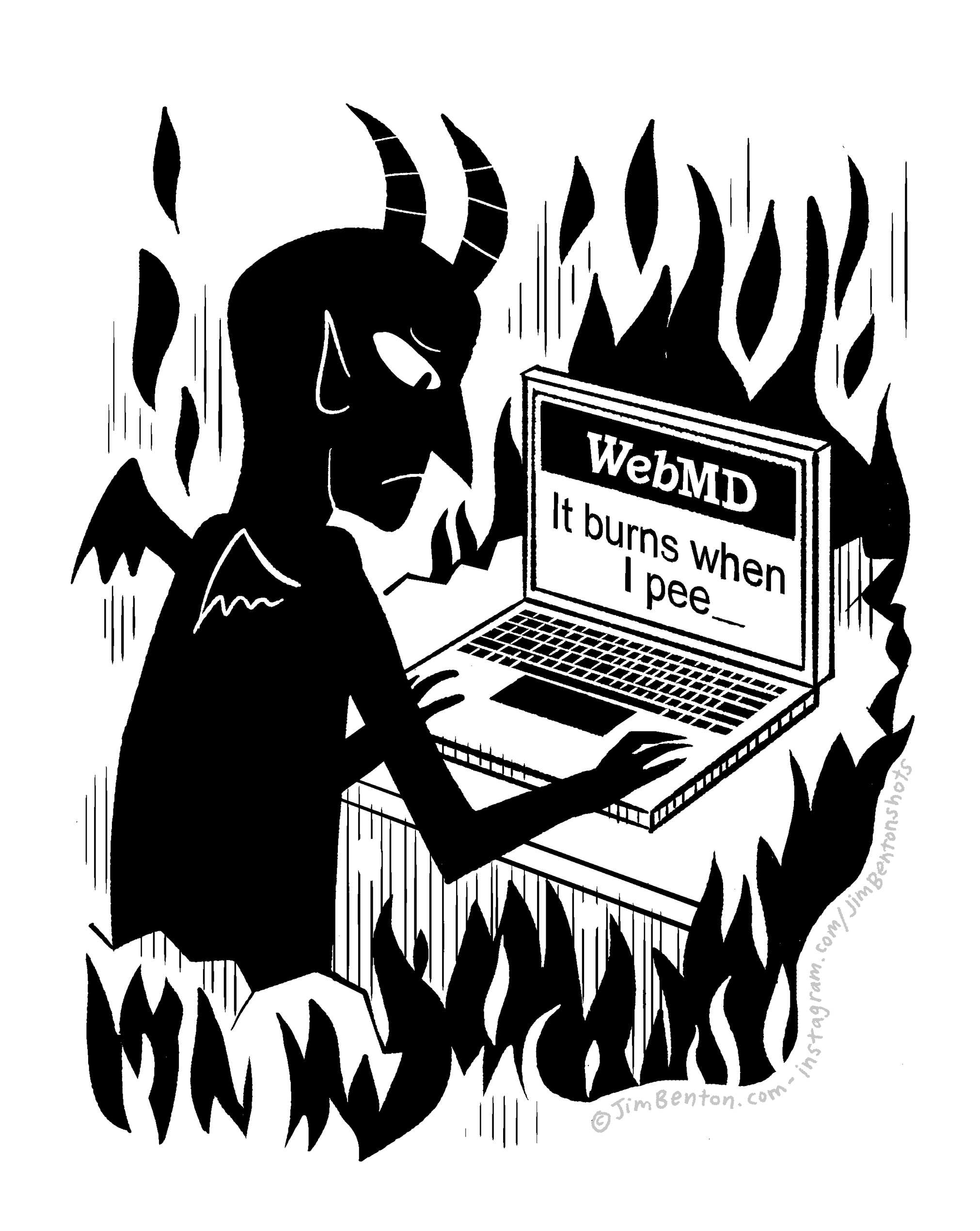 cartoon of a devil with horns and a laptop in flames