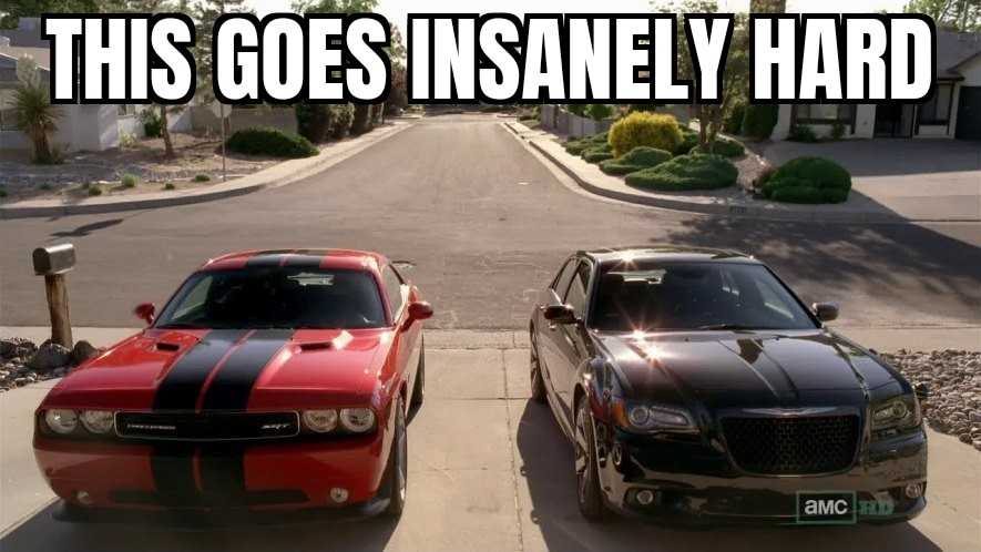 two cars parked on the side of a road with a caption saying this goes insane hard