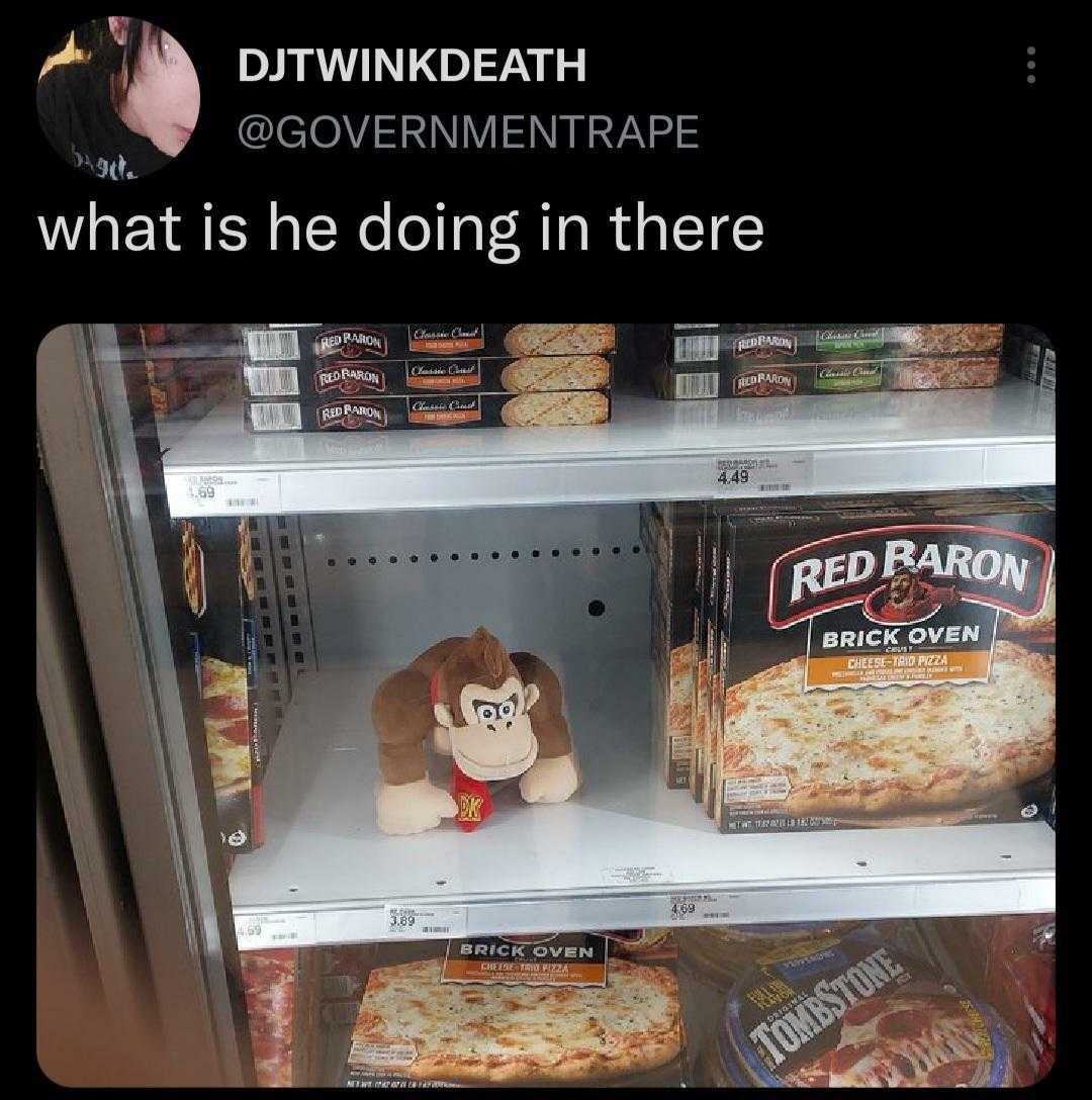 there is a stuffed monkey in a refrigerator with a box of pizza