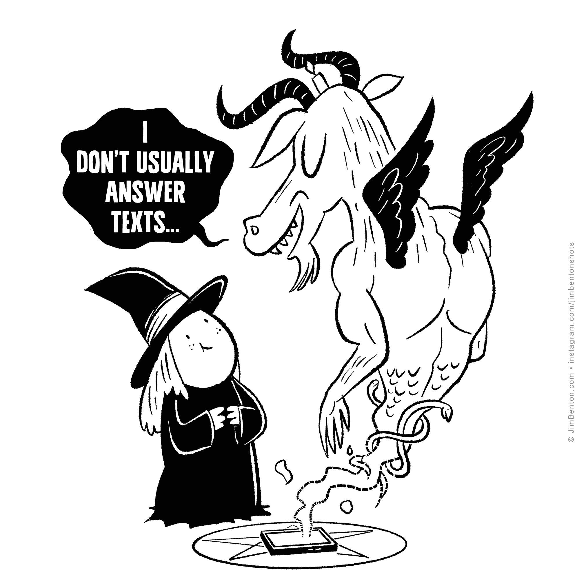 a cartoon of a witch and a goat with a caption