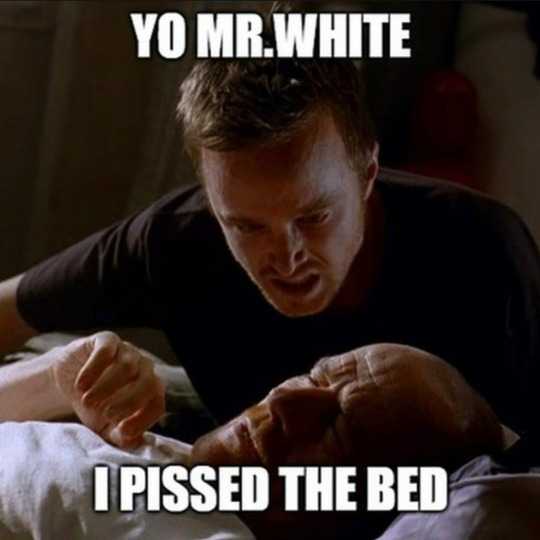 man in bed with a baby and a caption that reads yo mr white i pissed the bed