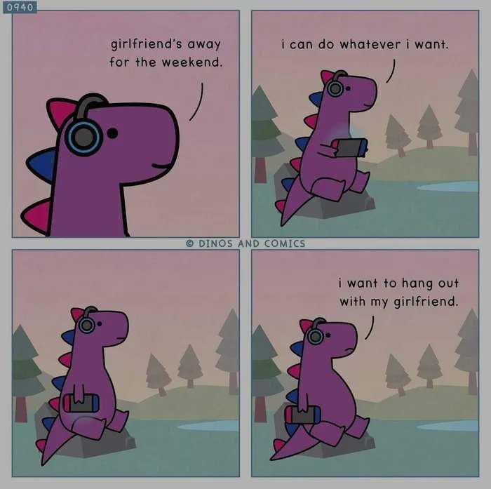 cartoon of a purple dinosaur with headphones on and a pink background