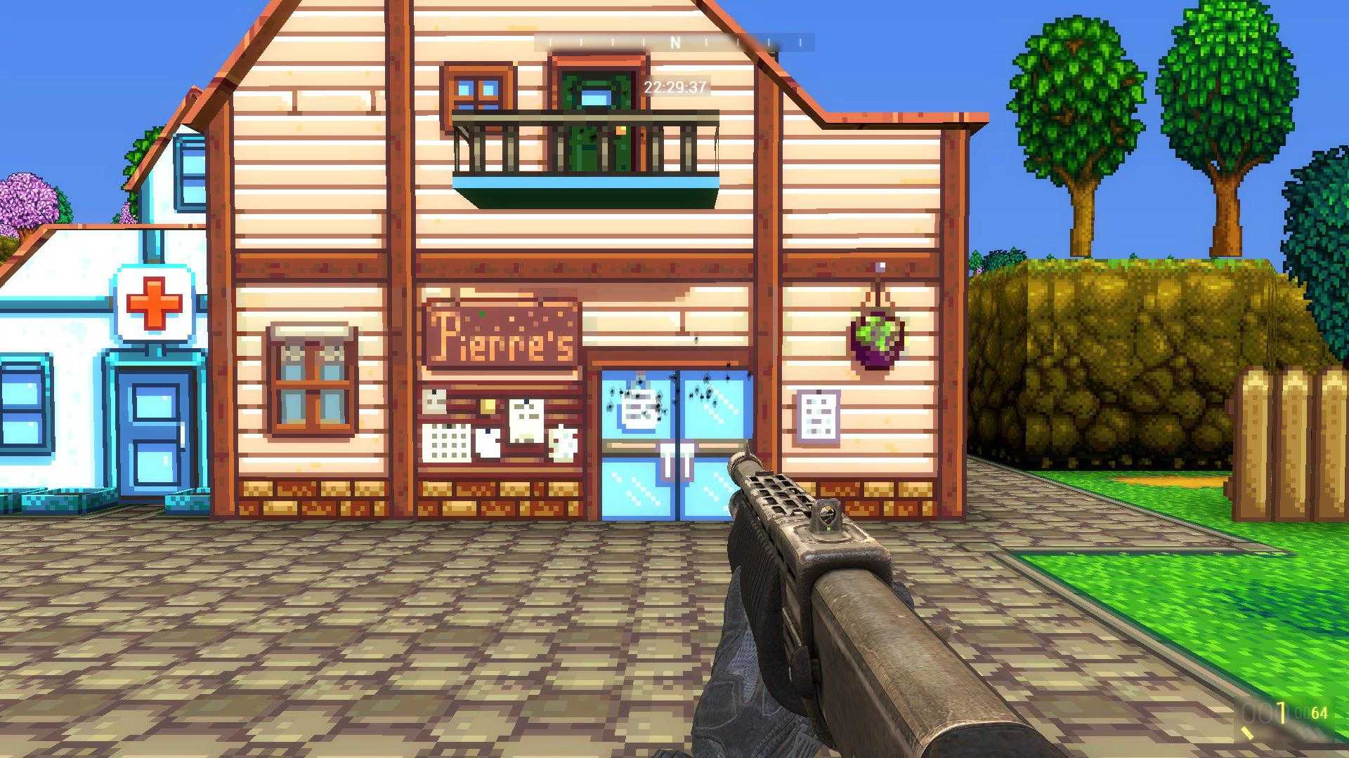 a screenshot of a building with a gun in front of it