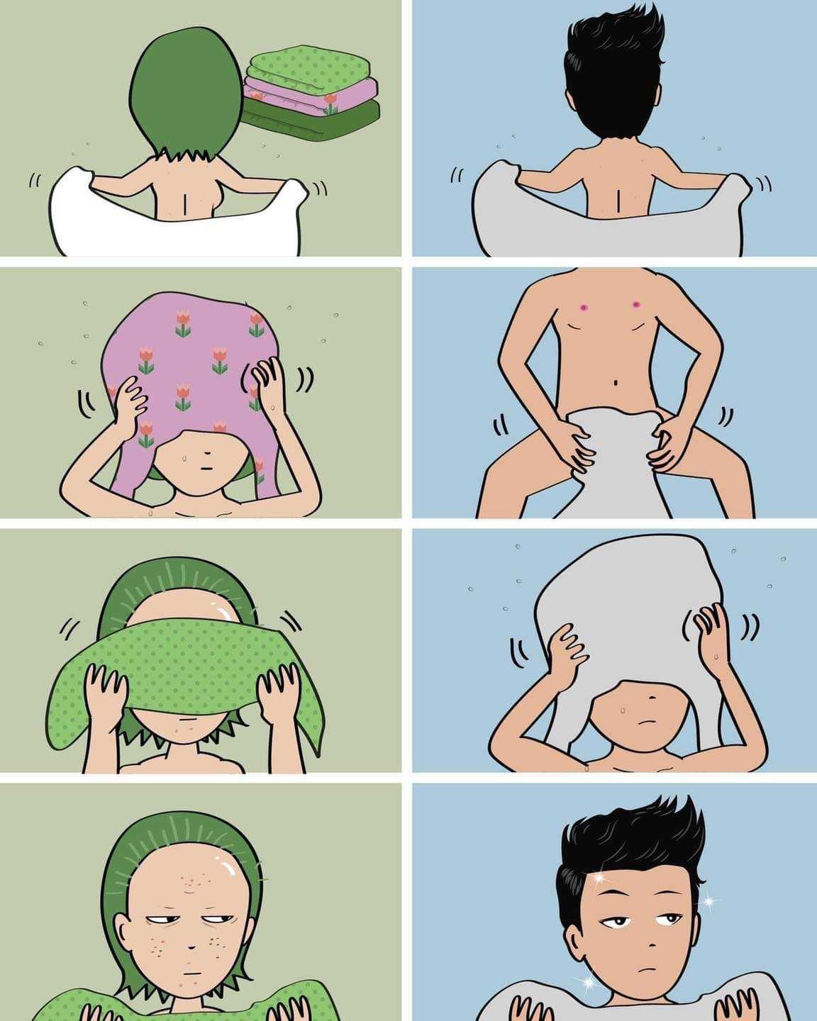 a cartoon of a man with a towel on his head and a woman with a towel on her head