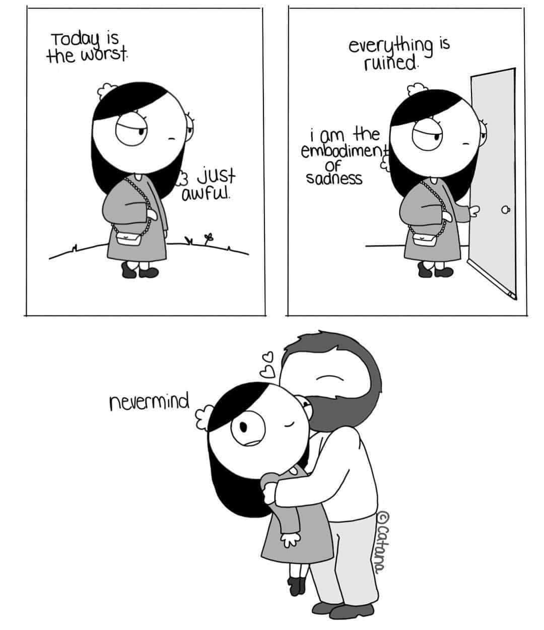 a cartoon of a woman hugging a man in front of a mirror