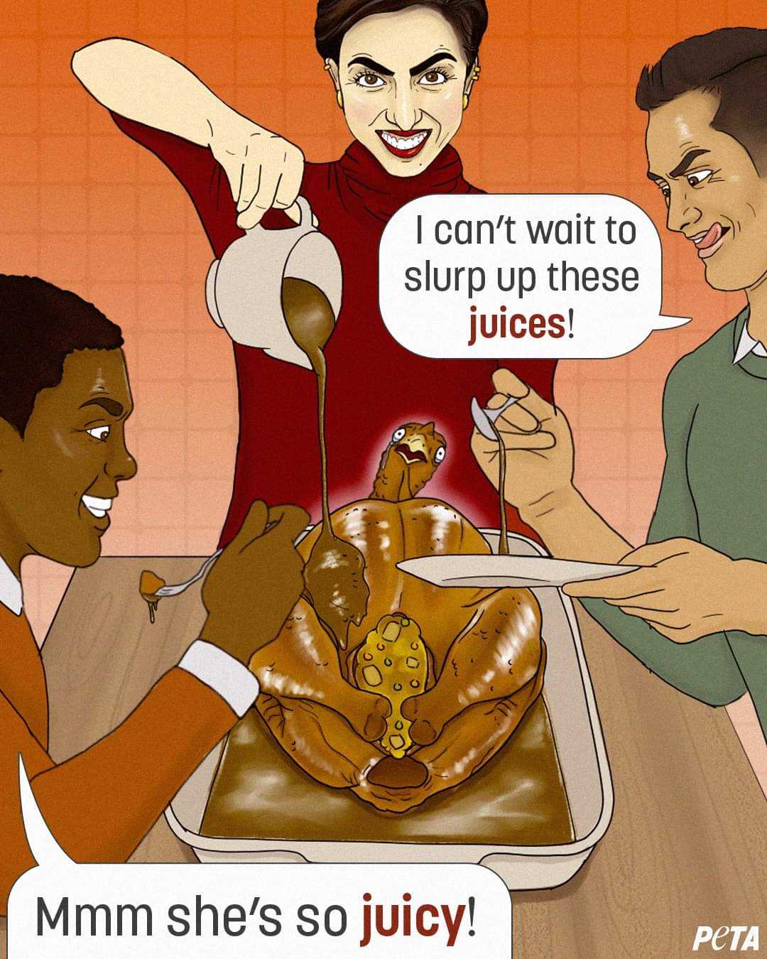 cartoon of a man serving a turkey to two women