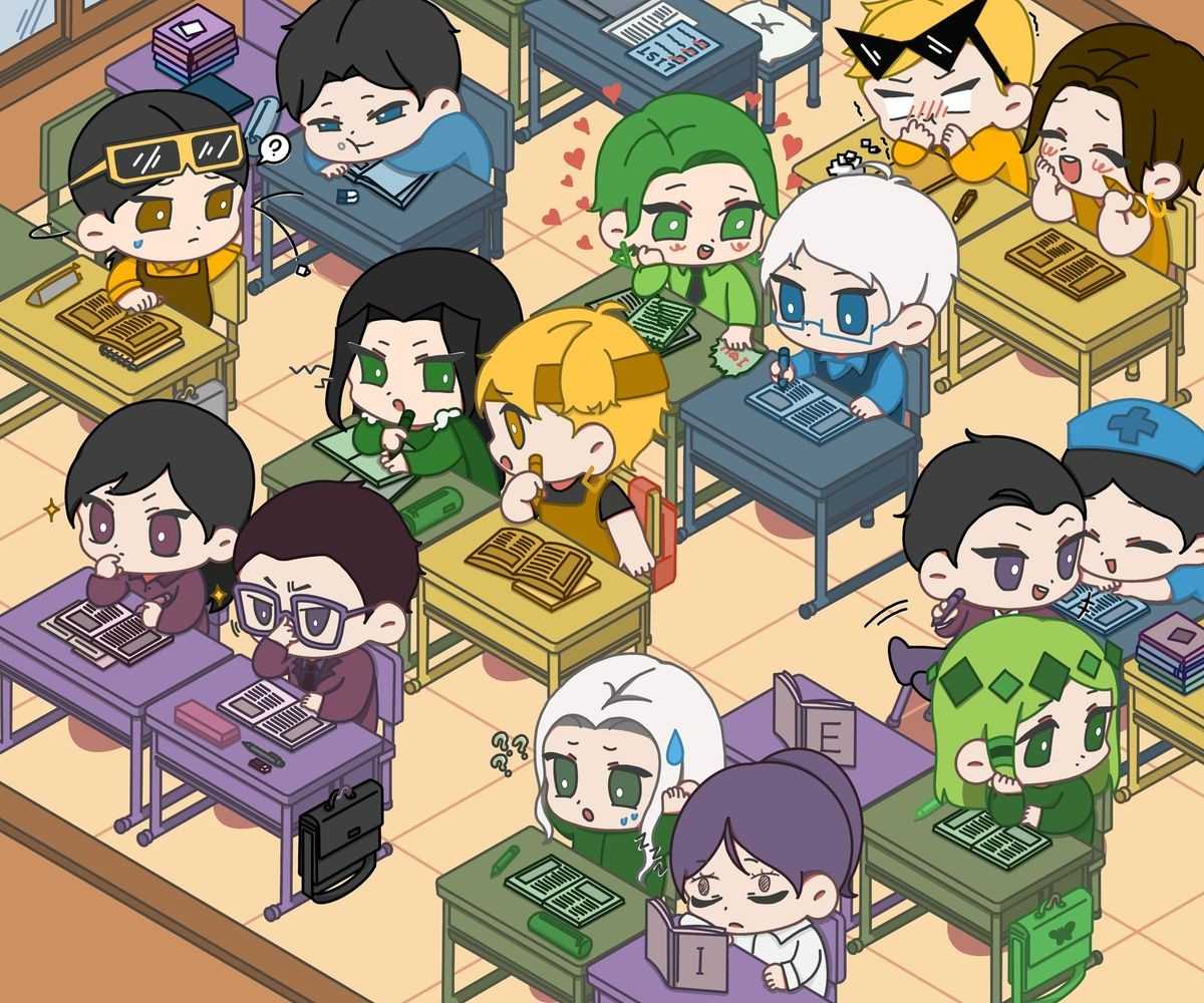 cartoon characters sitting at desks in a classroom with computers