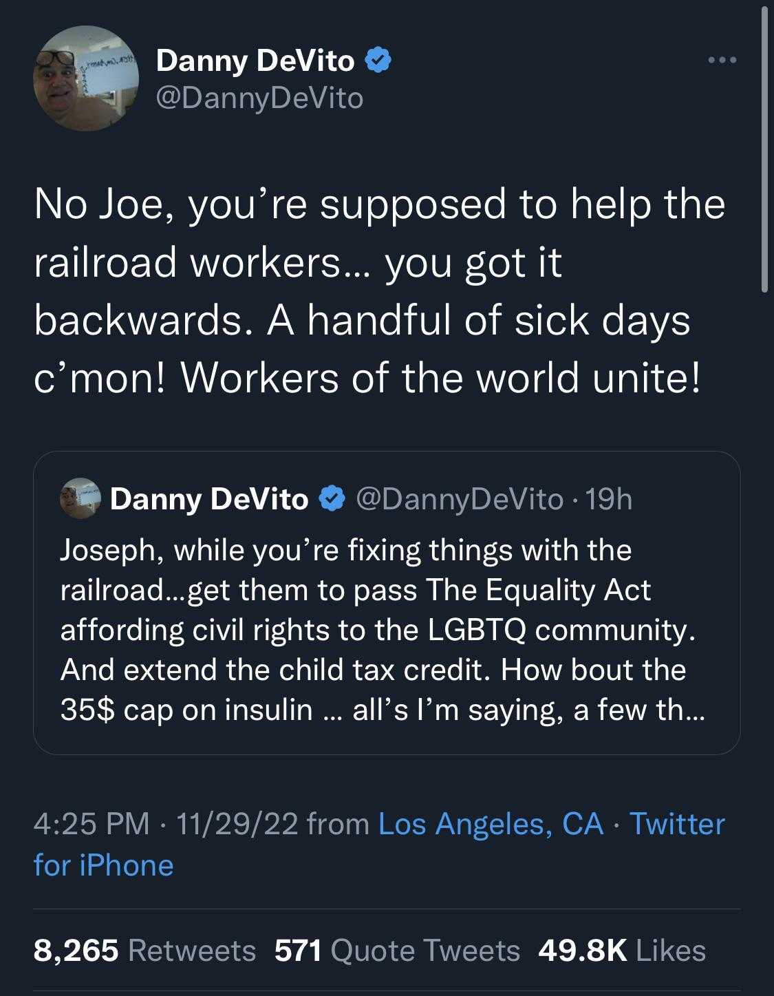 a twee message from danny devito on twitter