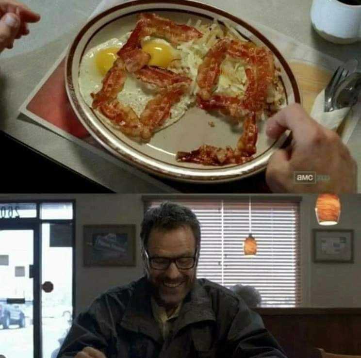 there are two pictures of a man eating a pizza and a plate of eggs