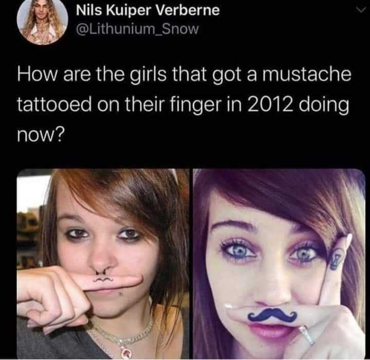 a close up of two photos of a woman with fake mustaches