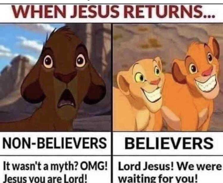 a cartoon picture of a lion and a lion cub with the caption of jesus returns