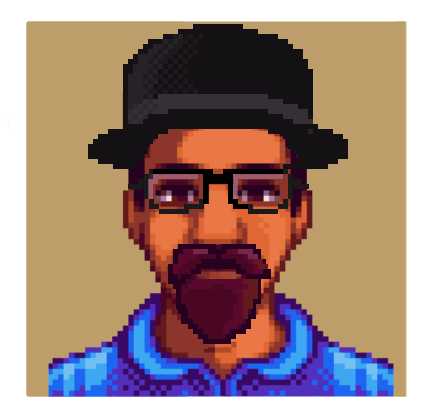 a close up of a pixel man with a hat and glasses