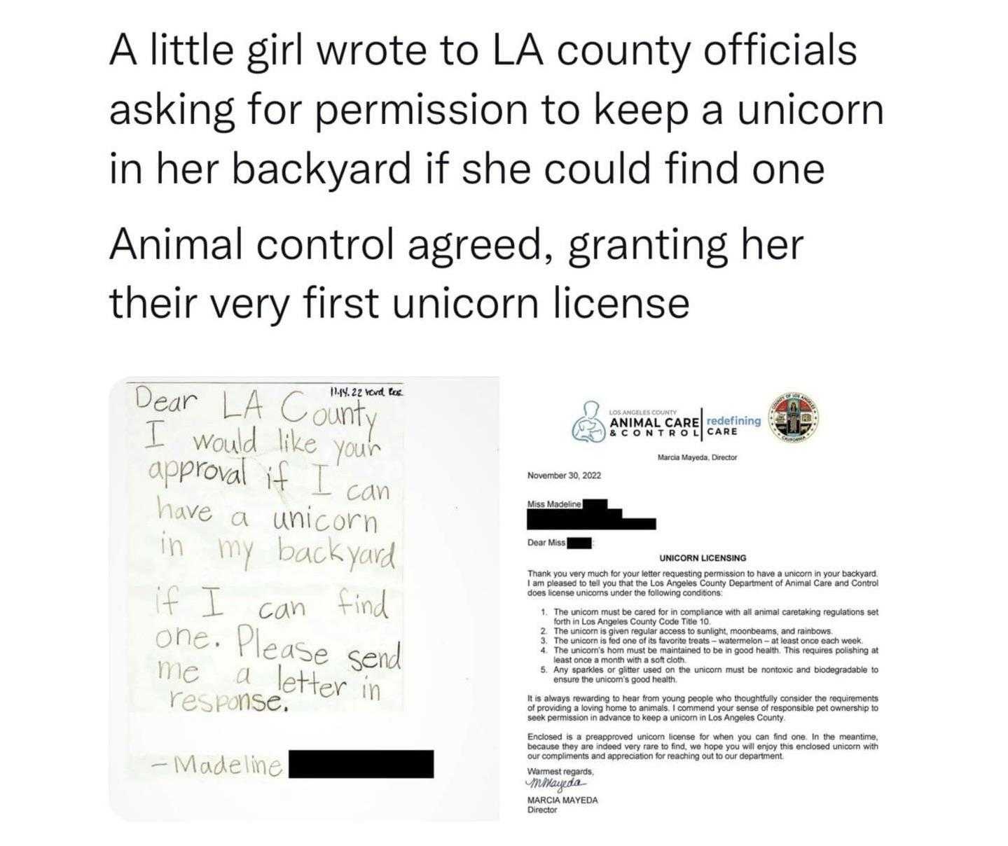 a little girl wrote to la county officials asking for permission to keep a unicorn in her backyard if she could find one animal control aged, granting her very first unicorn license