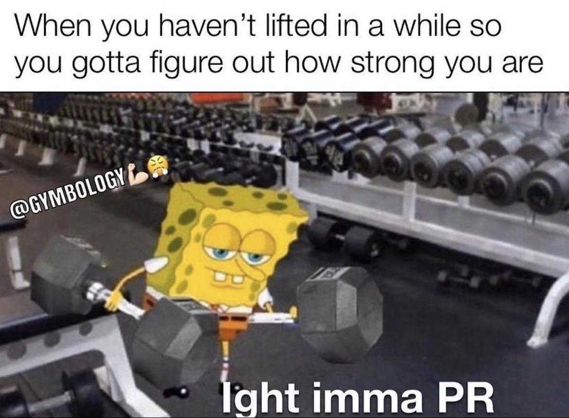 a cartoon spongebob lifting a dumb dumb dumbs in a gym