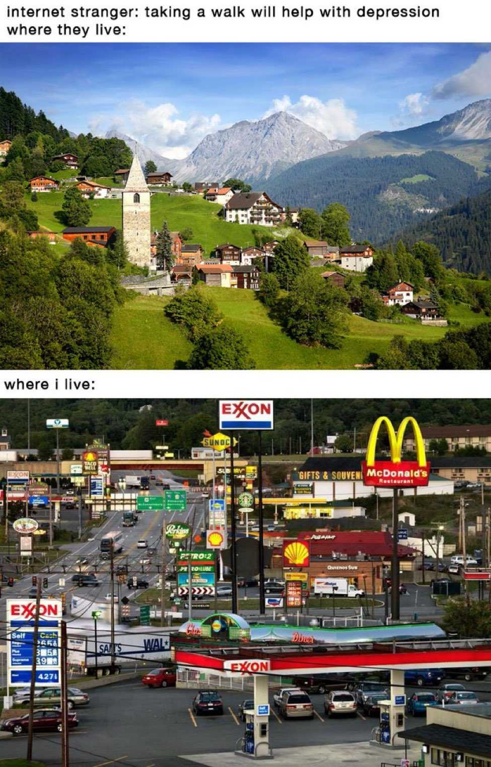 there are two pictures of a street with a mcdonalds and a mcdonalds