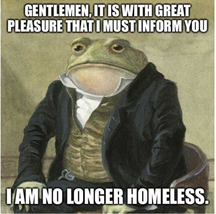 frog in a suit sitting on a chair with a caption saying gentlemen it is with great pleasure that must inform you i am no longer homeless