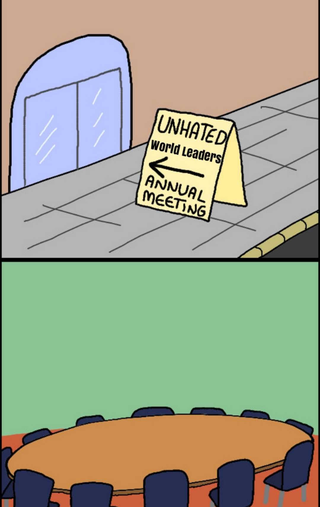 a cartoon of a table with a sign that says i have a meeting