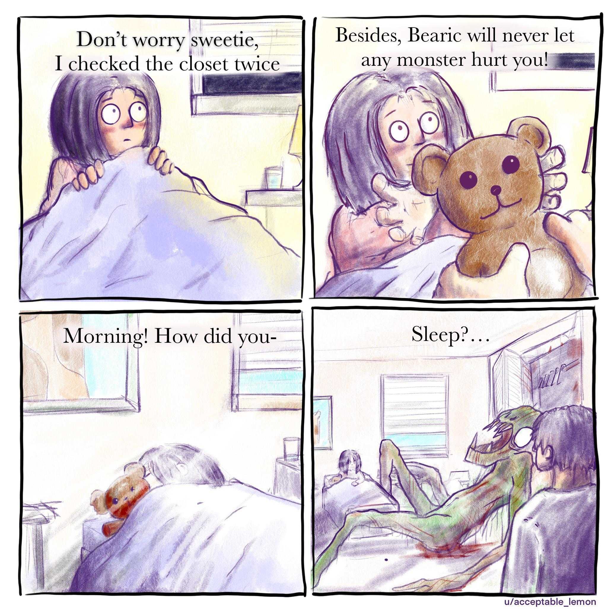 cartoon of a woman in bed with a teddy bear and a man sleeping