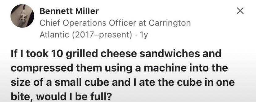 a tweet message from a man about a cheese sandwich