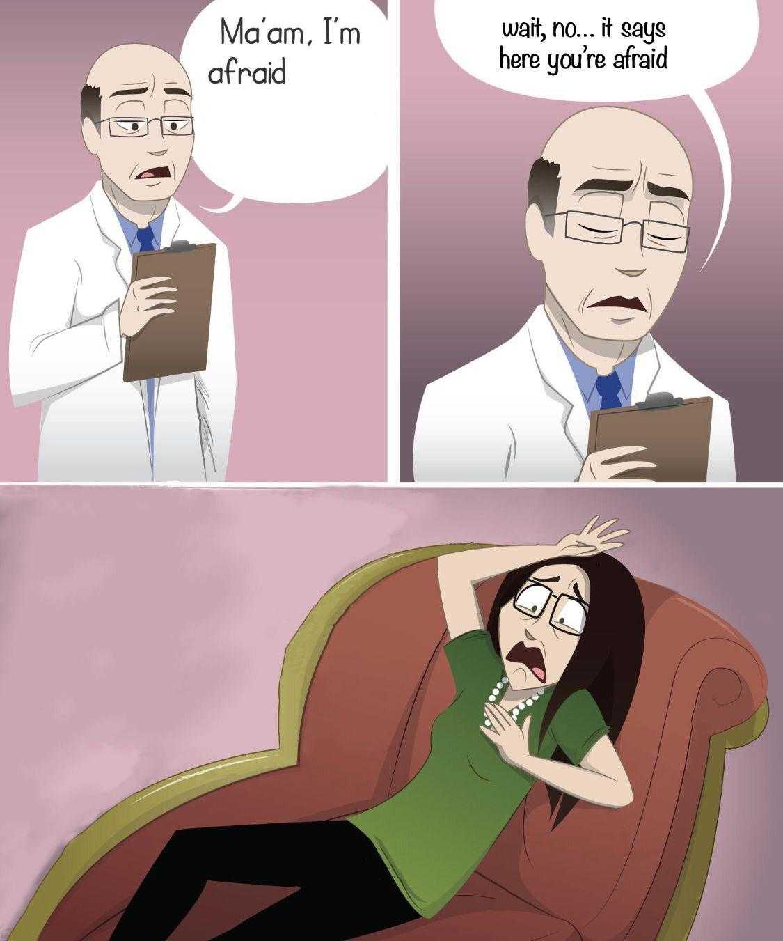 cartoon of a woman sitting on a couch with a doctor in the background