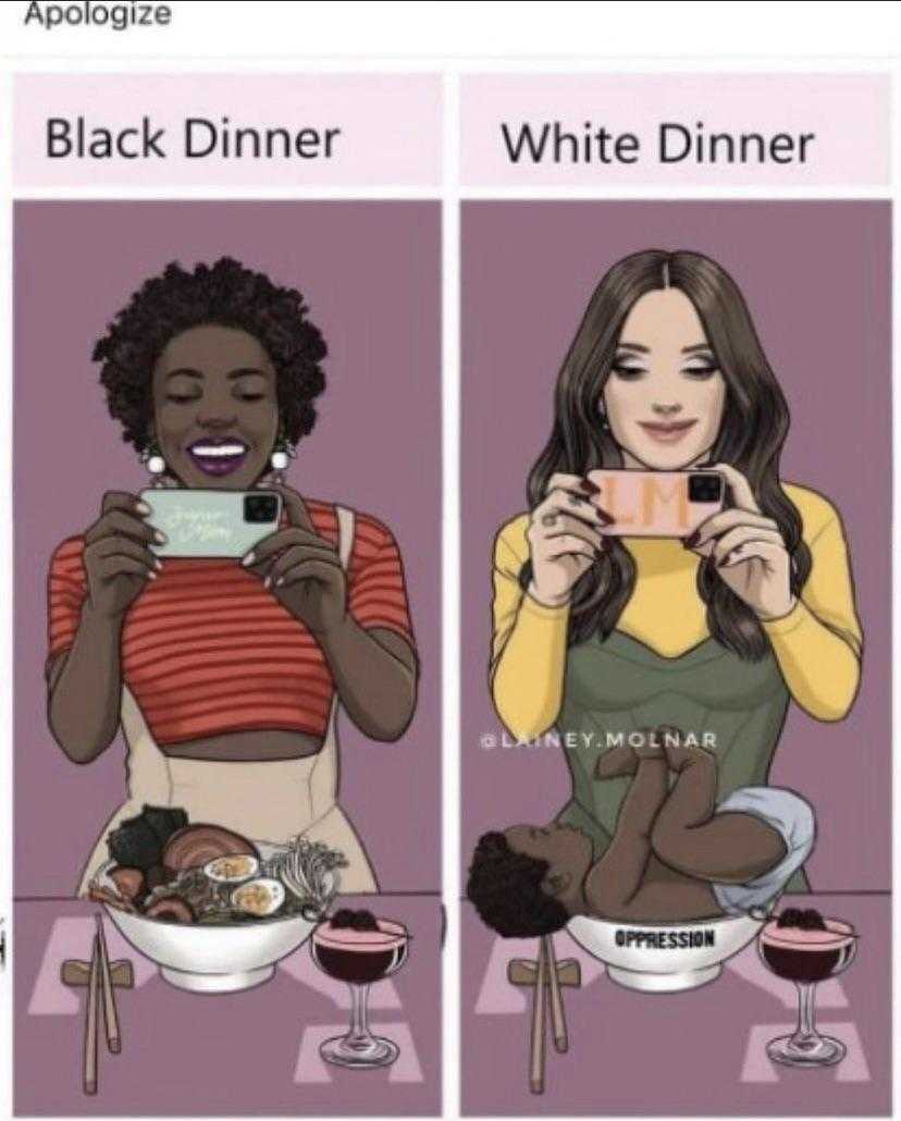 a cartoon of a woman sitting at a table with a plate of food and a cup of wine